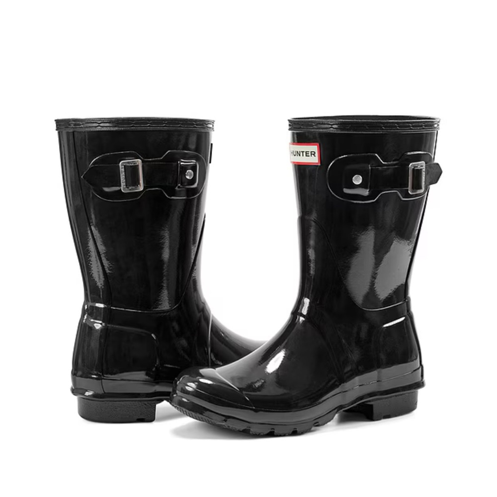 Hunter Shiny Black Rain Boots with Buckle